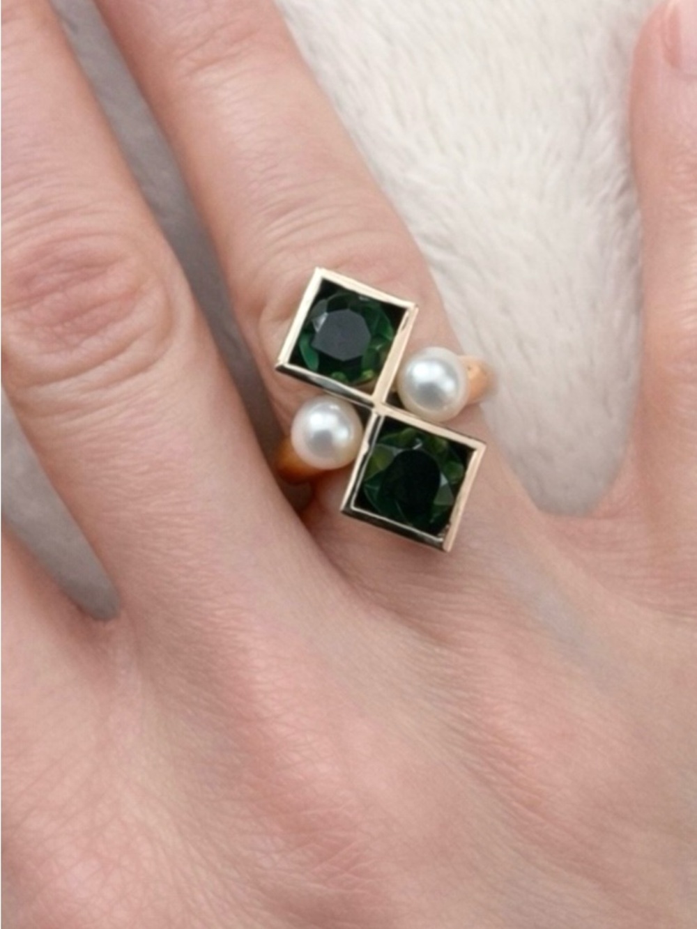 Vintage 14K Gold Band Modernist Conversion Ring Green Stones Pearls Sz 6